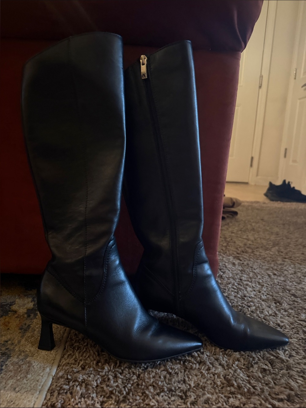 Naturalizer Black Leather Knee-High Pointed-Toe Booties